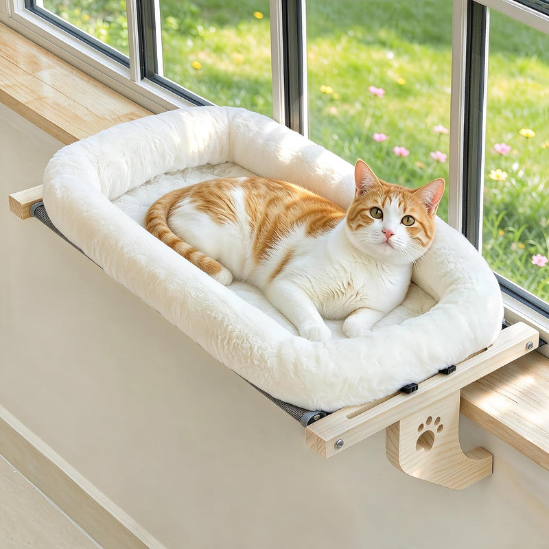 AMOSIJOY Wooden Cat Windowsill Perch with Zipper Cushion Bed, 21.7in