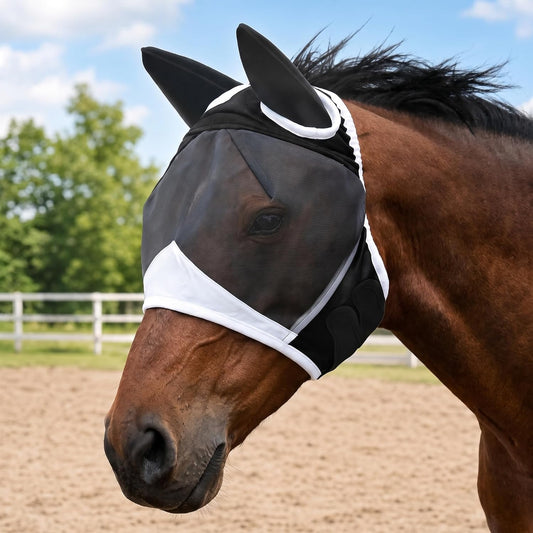 Horse Fly Mask with Ears, Breathable Mesh UV Protection Horse Mask, Black