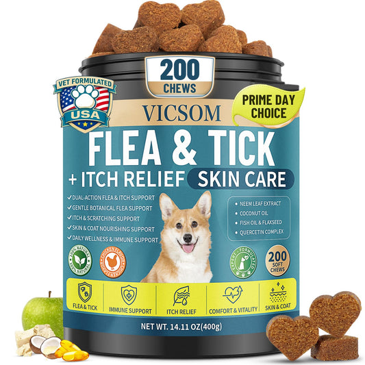 Flea and Tick Prevention for Dogs Itching Skin Relief, 200 Chewable Flea and Tick for Dog with Skin & Coat Support, Itch Relief for Dogs, Oral Supplement for All Breeds & Ages, Chicken Flavor