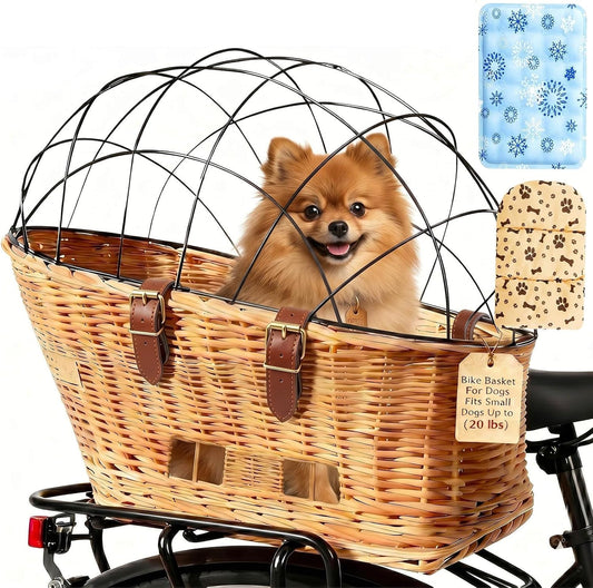 Dog Bike Basket Rear Racks Pet Carrier for Small Dogs up to 20 lbs, Brown
