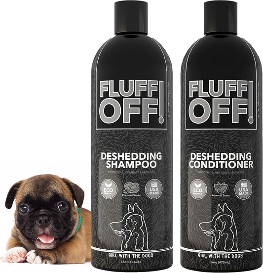 Fluff Off! by Girl With The Dogs, Natural Deshedding Dog & Cat Shampoo and Conditioner, 16 oz Bundle