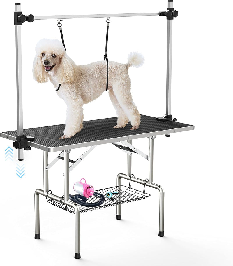 Lyromix 46''Large Dog Grooming Table, Adjustable Cat Drying Desktop with Arms, Nooses, Mesh Tray, Foldable Pet Station a
