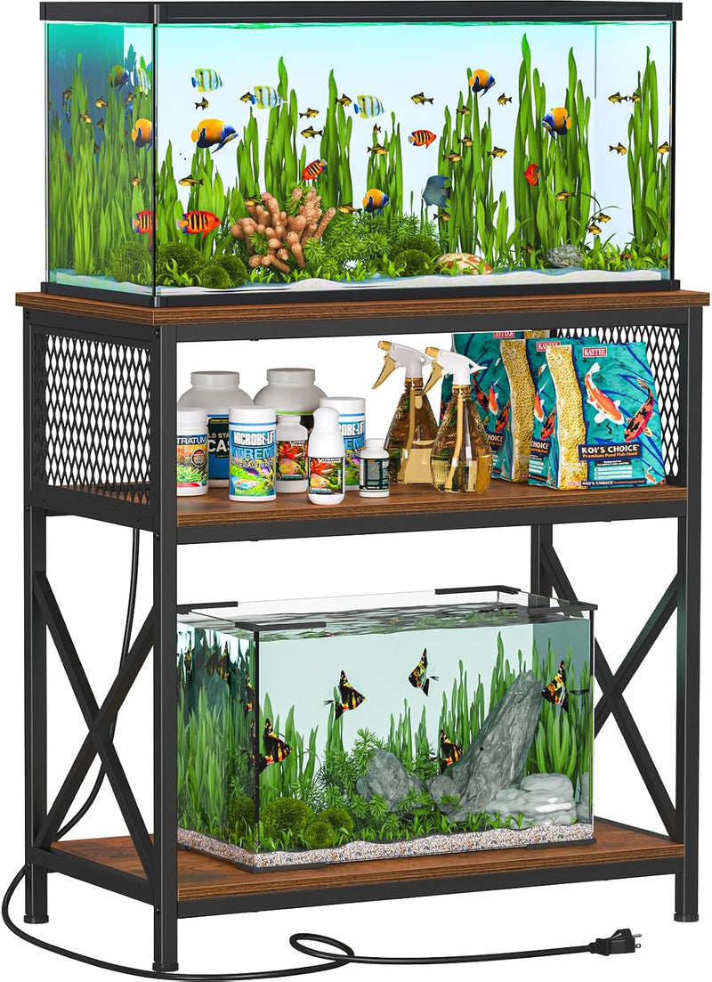 Snughome 29 Gallon Aquarium Stand with Charging Station, Heavy Duty Fish Tank Stand with Storage Cabinet, Metal Aquarium
