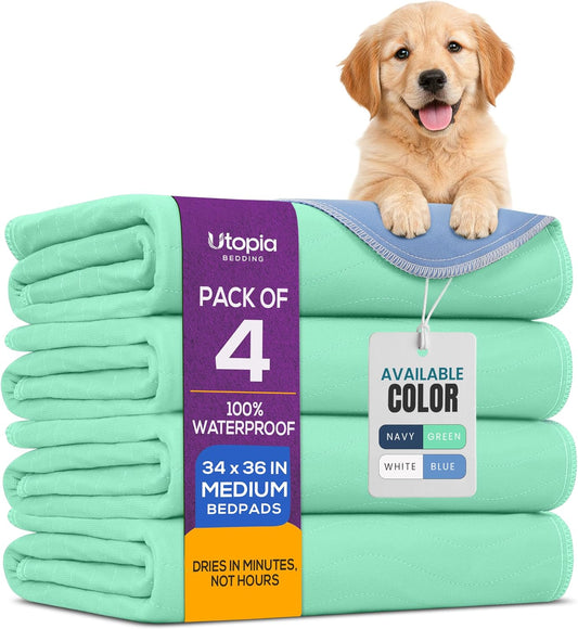 Utopia Bedding Washable Pee Pads for Dogs 34" x 36" (Pack of 4), Waterproof Incontinence Bed Pads for Adults, Elderly and Kids, Heavy Absorbency Pet Training Pads for Sofa and Couch (Green, Blue)
