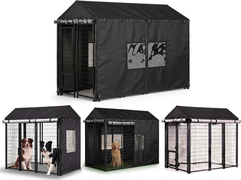 Dog Kennel Cover for 8x4x6 FT Outdoor Kennel, PVC Windows & Roll-Up Panels