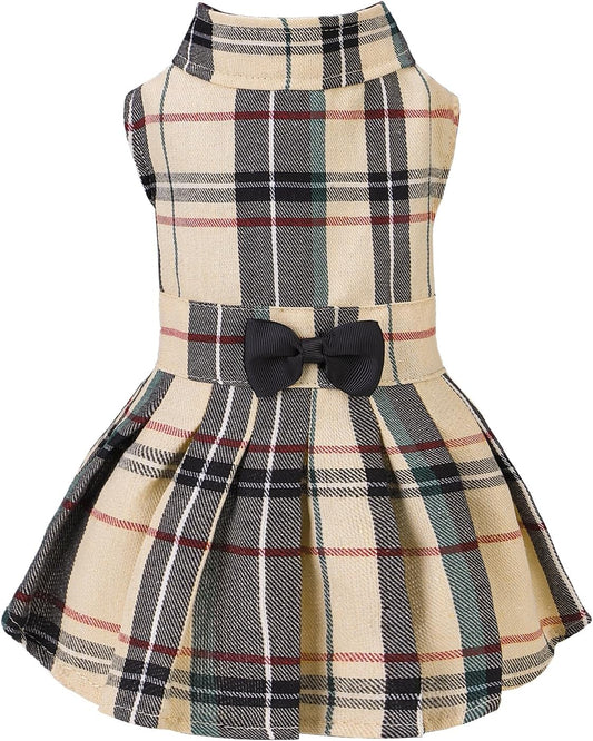 PUPTECK Classic Beige Plaid Dog Dress with Bow Puppy Skirt Clothes M