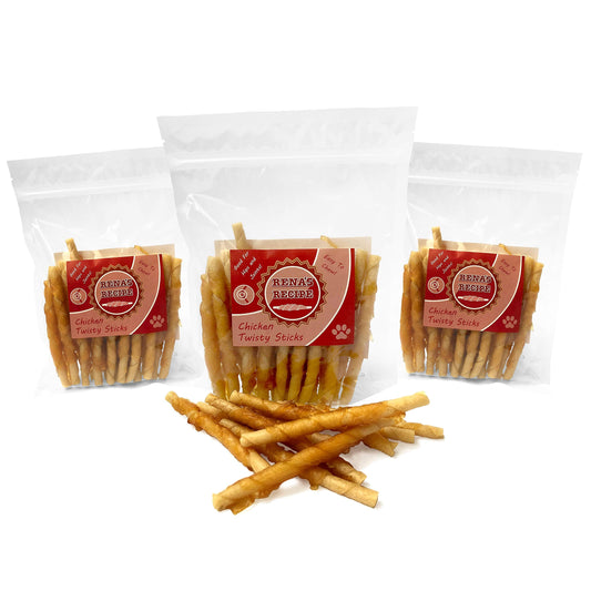 Rena's Recipe Chicken Twisty Sticks (8 oz) (Pack of 3) Rawhide Free Chicken Wrapped Soft Chews with Glucosamine for Joint Health