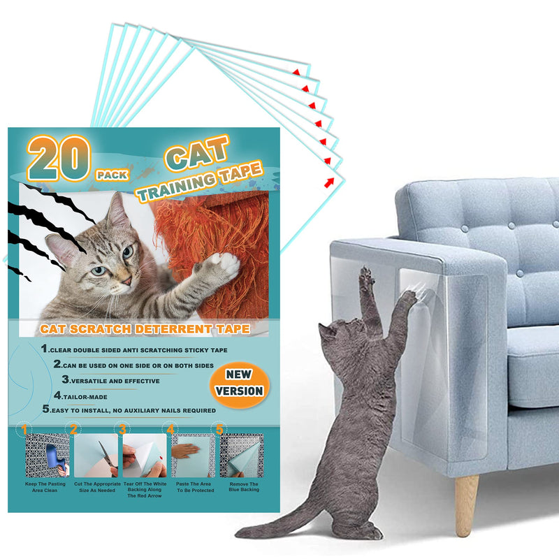 20pack Cat Scratch Deterrent Tape, Cat Scratch Furniture Protector, Clear Double Sided Anti Scratching Sticky Tape Couch Protector for Cats Training Tape, Cat Repellent for Furniture