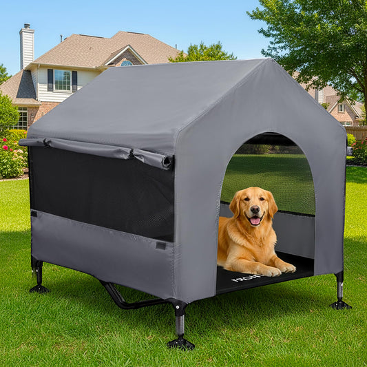 Pawmmo 42" Dog House Outdoor Indoor with Breathable Mesh Windows, 2-in-1 Outside Dog House Elevated Dog Bed Cot Dog Tent Shade Shelter, Easy to Assemble & Clean (42 INCH)