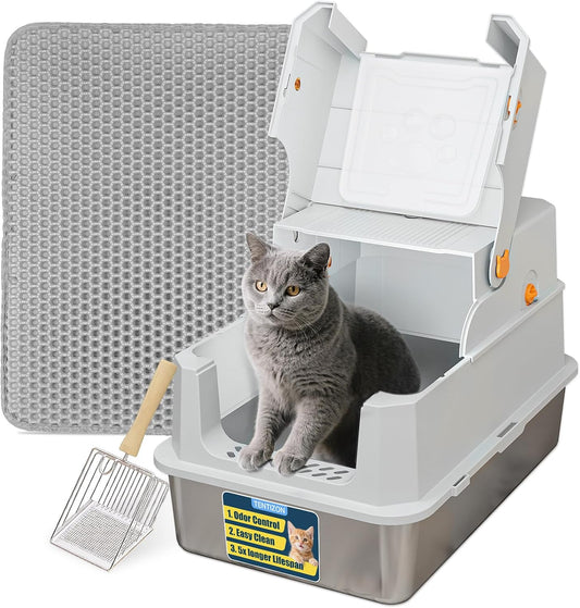 TENTIZON Stainless Steel Cat Litter Box with Lid, Large Covered Enclosed Kitty Litterbox with Hood, Flip Top, High Side, Litter Mat, Scoop for Big Cats, Kitten, No Odor, No Mess, Easy Clean, Grey