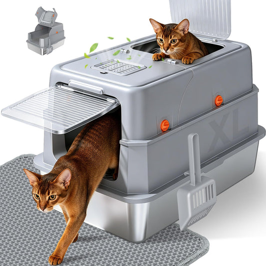 KISENG Stainless Steel Litter Box with Lid, High Sided Enclosed Metal Litter Box for Big Cats, Easy Cleaning Anti-Urine Leakage, Non-Sticky Cat Box, Front Entry Top Exit KittyBox, Includes Mat & Scoop