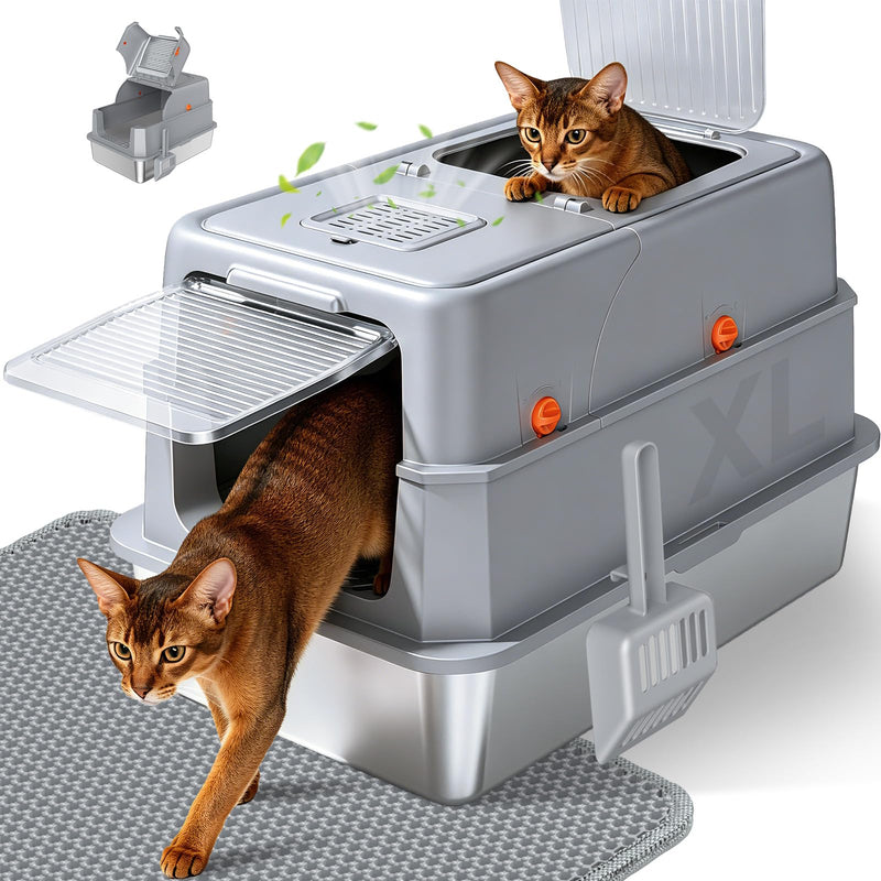 KISENG Stainless Steel Litter Box with Lid, High Sided Enclosed Metal Litter Box for Big Cats, Easy Cleaning Anti-Urine Leakage, Non-Sticky Cat Box, Front Entry Top Exit KittyBox, Includes Mat & Scoop