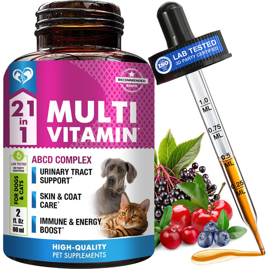 Cat & Dog Multivitamin Liquid with Glucosamine & Cranberry | 21 in 1 Health Supplements for Urinary Tract Kidney, Bladder, Hip & Joint, Skin & Coat | Natural UTI Medicine (60 ml)