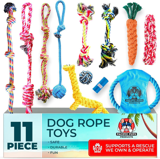 Pacific Pups Products Dog Rope Toys for Medium Dogs 11 Pack - 11 Dog Toy Pack & Puppy Teething Rope Tug of War Dog Toys, Chew Toys to Keep Them Busy, Puppy Chew Ropes