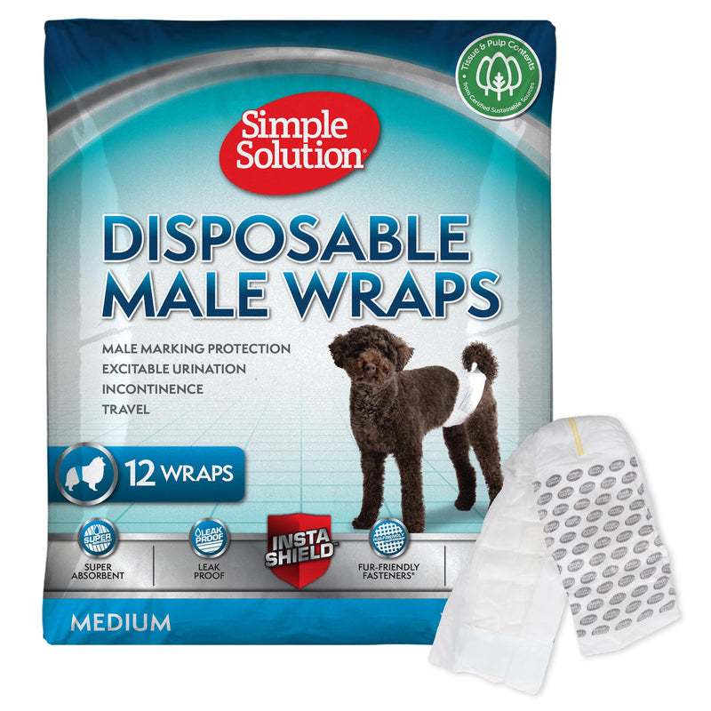 Simple Solution Disposable Male Wraps, Absorbent Leak Proof Belly Bands for Dogs, Incontinence Aid, Puppy Training, Marking Control, and Travel Protection, Medium Dogs, 15–23 Inch Waist, 30 Count