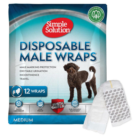 Simple Solution Disposable Male Wraps, Absorbent Leak Proof Belly Bands for Dogs, Incontinence Aid, Puppy Training, Marking Control, and Travel Protection, Medium Dogs, 15–23 Inch Waist, 30 Count
