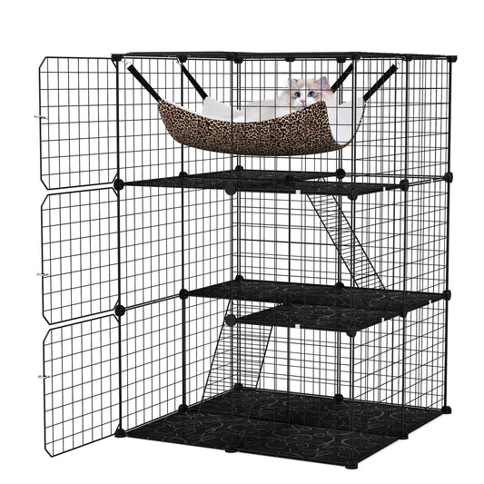 PETSITE 3-Tier Cat Cages Indoor, Metal Wire Cat Enclosure with Extra Large Hammock, 2 Ladders, and 4 Lockable Doors, Detachable Indoor Cat Catio Kennel for 1-3 Cats Kitten, Anti-toppling Kits Included