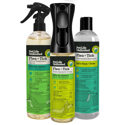 Pet Life Unlimited Natural Flea & Tick 3-Step Kit for Dogs, Plant-Based Prevention and Treatment, Includes Dog Spray, Home Spray & Shampoo, Kill & Repel Fleas, Ticks & Eggs, Soothes Skin