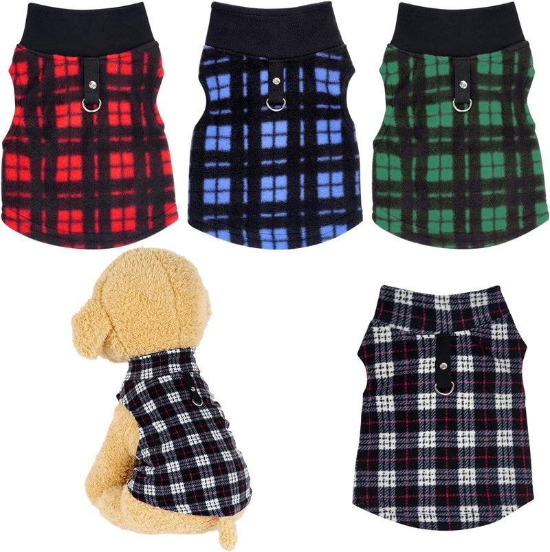 Rbenxia 4 Pieces Buffalo Plaid Dog Sweaters with Leash Ring Soft Fleece Vest Dog Pullover Warm Jacket Pet Dog Clothes Wi