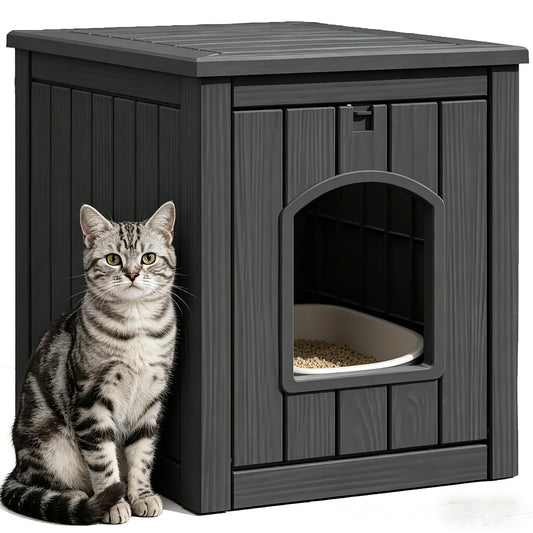 GULAIMOAO Cat Litter Box Enclosure, Multi-Functional Enclosed Cat Litter Box Furniture, Outdoor Cat House Weatherproof, Openable Front Door & Raised Floor, Easy to Clean & Assemble, Black