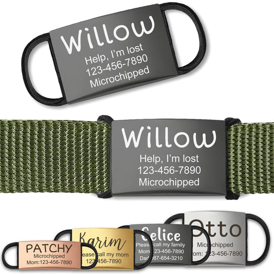 Anavia Slide On Silent Pet ID Tags, S/M/L/XL Personalized Stainless Steel Cat Dog Tag with Elastic Fabric Band, Engraved Nameplate Quiet Chew-Proof Pet Collar Tag (Black, Large)