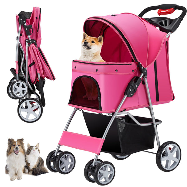 Unisakey 4 Wheels Pet Stroller for Small Medium Dogs Cats 10-33 lbs, Foldable Dog and Cat Stroller with Cup Holder & Storage Basket & Breathable Mesh, Pet Strolling Cart for All-Season, Pink