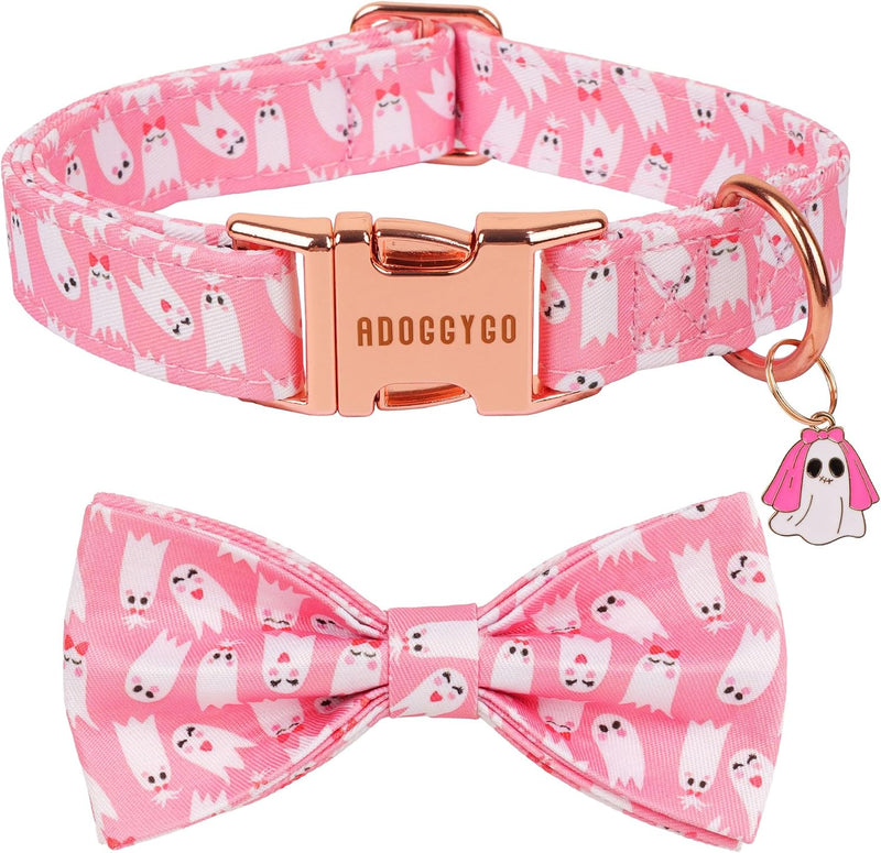 ADOGGYGO Pink Halloween Dog Collar Girl, Ghost Bow Dog Bow Tie Collar L