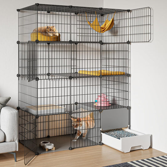 Oneluck Large Cat Cage with Litter Box, 4-Tier DIY Enclosures Detachable Metal Wire Kennel Indoor Crate Large Exercise Place Ideal for 1-2 Cats (41.3" L x 17.8" W x 55.1" H)