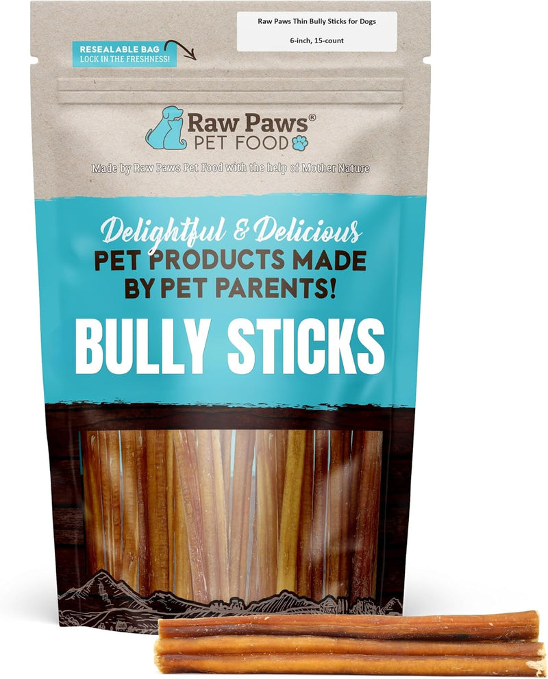 Raw Paws Thin Bully Sticks for Small Dogs, 6-Inch (15-Count) - Low Odor