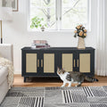Homhedy Boho Cat Litter Box Enclosure for 2 Cats, Wooden Cat Washroom Furniture with Double Rattan Decorated Doors, Pet House,47.2”L x 19.7”W x 21.7”H, Black and Natural