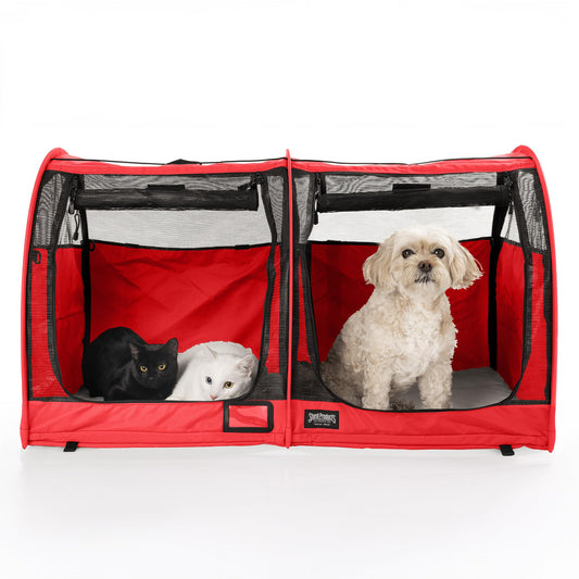 STURDI Pop-Up Kennel Show Shelter Pet Travel Carrier for Cats and Dogs, Double Compartment | Mesh Doors, Red