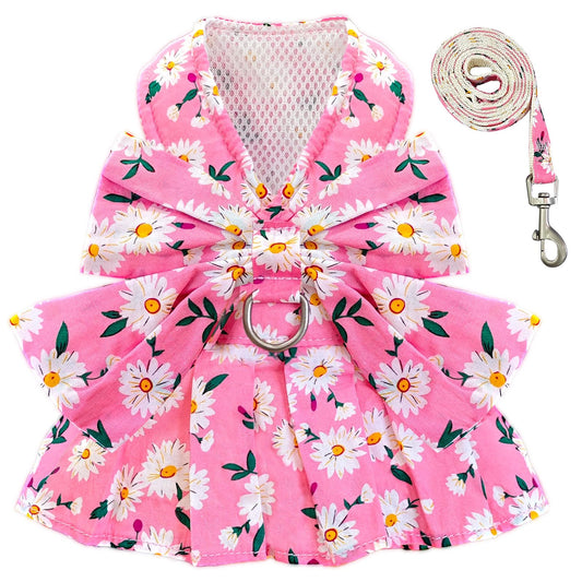 BAEJMJK Dog Dress Bowknot Harness Leash Set for Small Dogs Cats Daisy Floral Girl Dog Dresses Cute Puppy Princess Clothes Pet Doggy Outfits Spring Summer Breathable Dresses(Pink,Small)