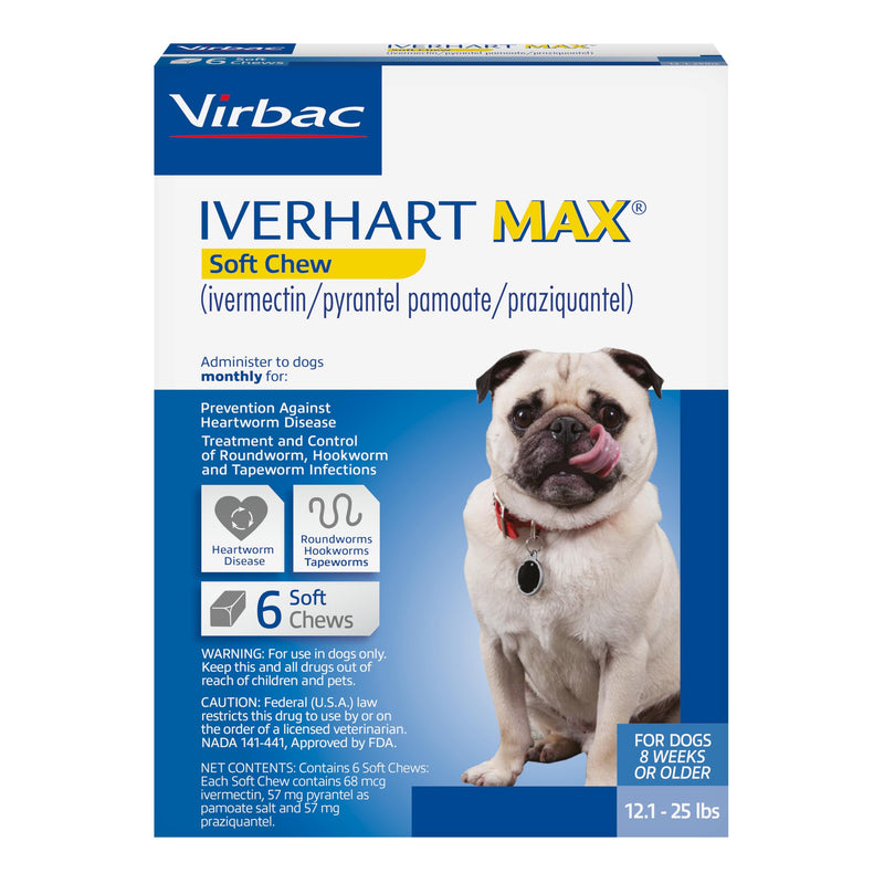 IVERHART MAX® Chew (ivermectin/pyrantel pamoate/praziquantel) 12.1-25 lbs, 6 Chews for Dogs