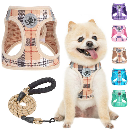 BEAUTYZOO Small Dog Harness and Leash Set,Step in No Choke No Pull Soft Mesh Dog Harnesses Reflective for Extra Small Medium Puppy Dogs and Cats, Plaid Dog Vest Harness for XS S Pets, Beige S