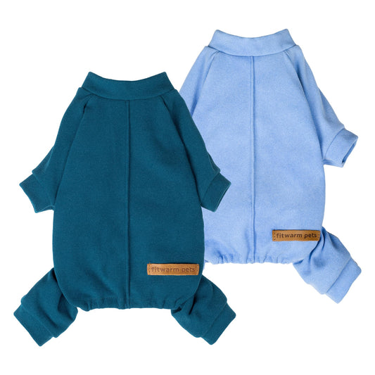 Fitwarm 2 Pack Lightweight Fleece Dog Pajamas, Warm Winter Dog Clothes for Small Dogs Boy Girl, Fuzzy Pet Onesie with Feet, Light Sky Blue, Turquoise, Small