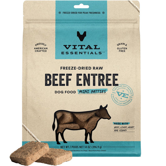 Vital Essentials Freeze Dried Dog Food, Raw Beef Mini Patties | Complete Meal or Topper | High Protein, Grain Free Dry Dog Food | 14 oz Bag