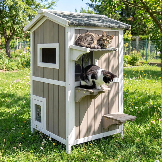 Pawbuilt Cat Houses for Outdoor Cats, Weatherproof 2-Story Wooden Cat Shelter for Indoor & Outdoor Cats, Raised Feeding Station, Escape Door, Jumping Platforms, Elevated Floor & Asphalt Roof