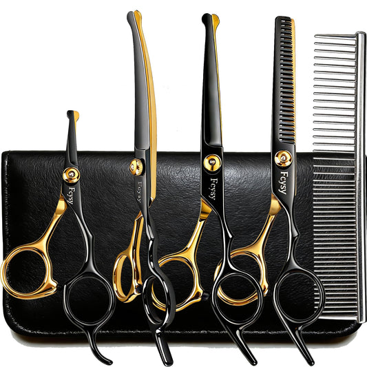 Dog Grooming Scissors Kit, Fcysy Professional Pet Shears for Cats at Home, Dog Grooming Tools with Curved & Straight Blades Scissors Thinning Shears Pet Supply Set