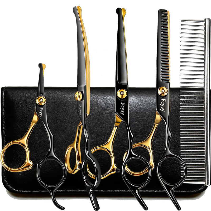 Dog Grooming Scissors Kit, Fcysy Professional Pet Shears for Cats at Home, Dog Grooming Tools with Curved & Straight Blades Scissors Thinning Shears Pet Supply Set