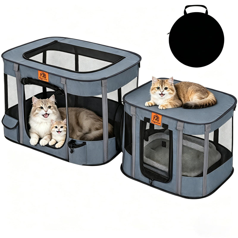 Vigormar Portable Cat Playpen 2-in-1, Enclosed Kitten Playpen with Litter Box Cage Area, Pet Playpen with Collapsible Tent Rod Reinforced for Cats Puppy Rabbit Hamster Indoor Outdoor Use (Grey)