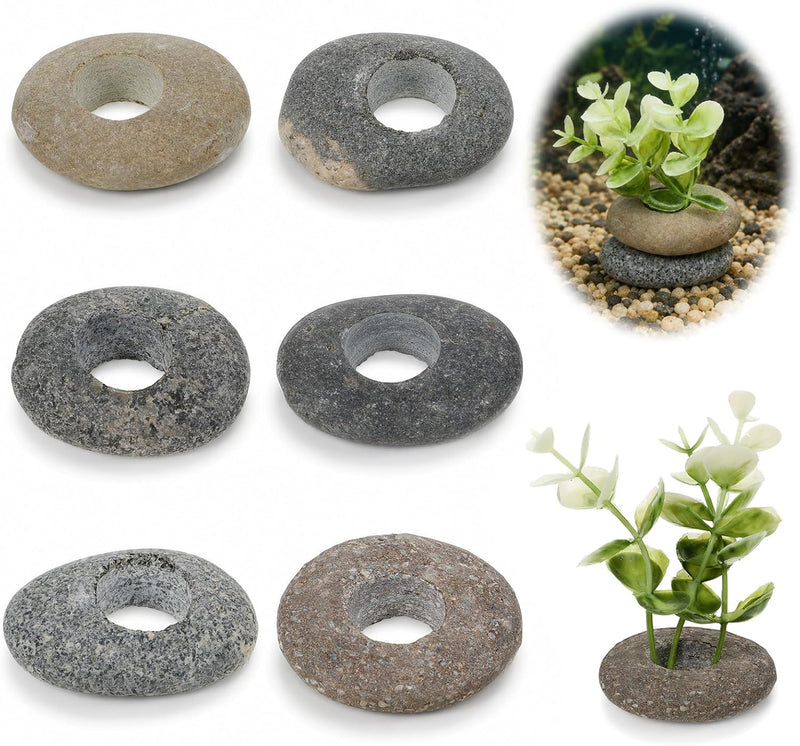 6 PCS Natural River Stone Plant Weights for Aquarium, 0.8'' Hole Diameter
