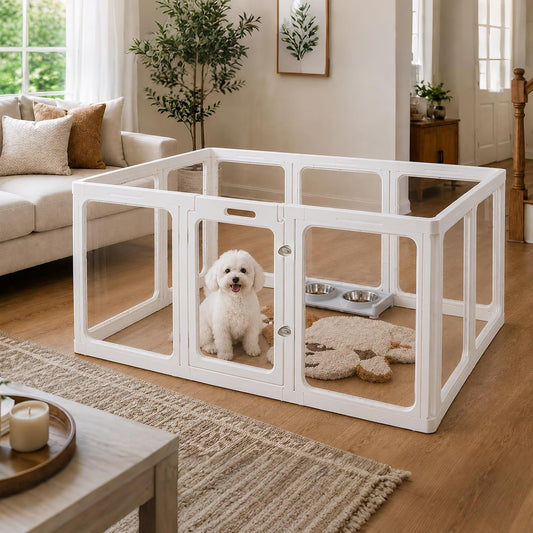 Jalove Acrylic Dog Playpen Indoor, 24“ H Plastic Pet Playpen with Door, Clear Pet Play Pen for Puppy Rabbit, Easy Assemble Dog Pen, Preferable for Small Cage, White 10 PCS