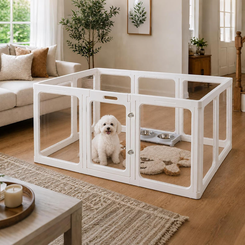 Jalove Acrylic Dog Playpen Indoor, 24“ H Plastic Pet Playpen with Door, Clear Pet Play Pen for Puppy Rabbit, Easy Assemble Dog Pen, Preferable for Small Cage, White 10 PCS