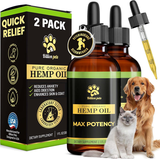 Billion Pets - Hemp Oil for Dogs and Cats - Helps with Anxiety, Pain, Stress, Sleep, Arthritis, Seizures Relief - Hip and Joint Support - Calming Drops