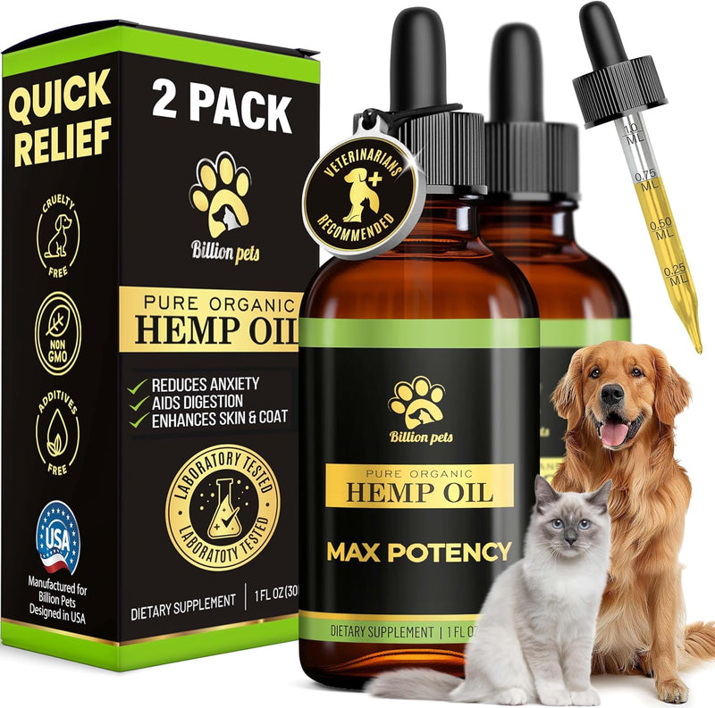 Billion Pets - Hemp Oil for Dogs and Cats - Helps with Anxiety, Pain, Stress, Sleep, Arthritis, Seizures Relief - Hip and Joint Support - Calming Drops