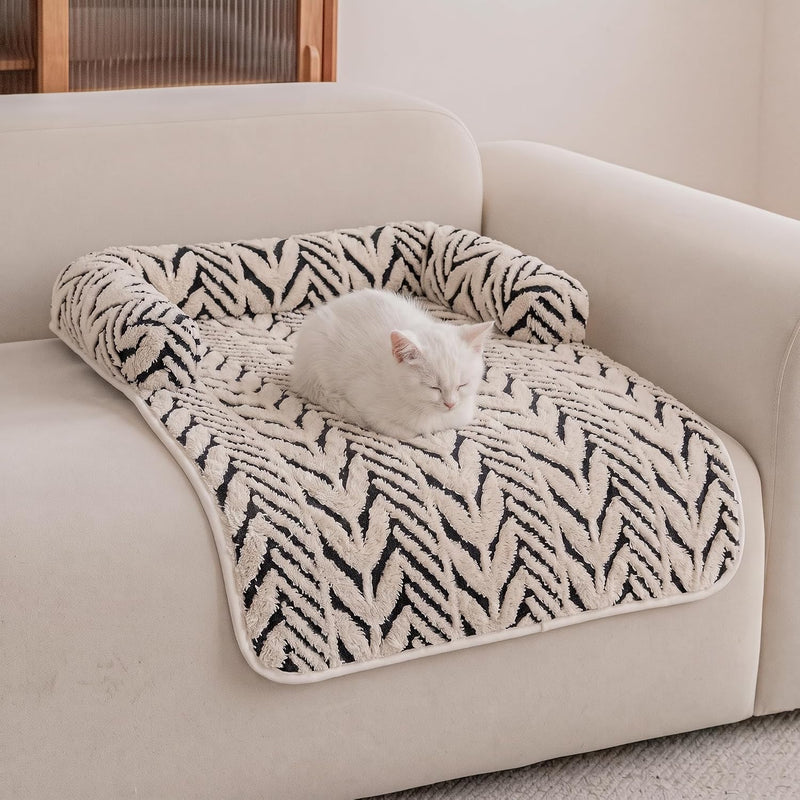 Calming Dog Couch Bed Mats with Neck and Head Support, Fluffy Plush Pet Sofa Cover for Small Medium Dogs and Cats, Non-S