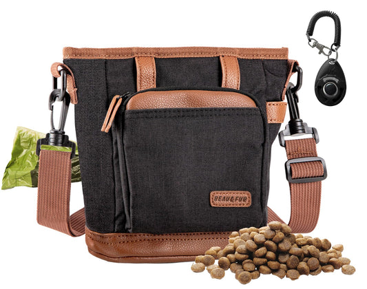 BEAU&FUR Large Dog Treat Pouch with Clicker for Training – 4 Cup Capacity, Built-In Poop Bag Dispenser, Expandable Pocket, Metal Buckle, Large Back Pocket, Ideal Design for Walks and Training – Black