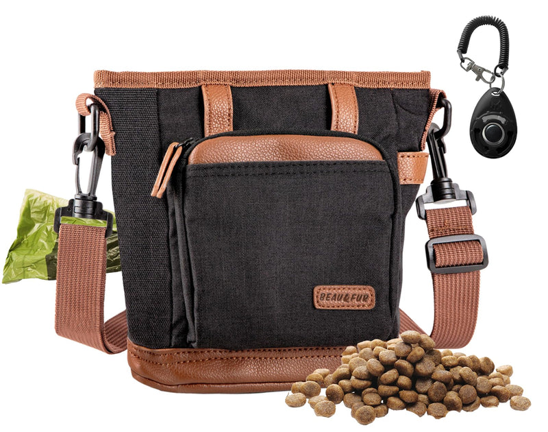 BEAU&FUR Large Dog Treat Pouch with Clicker for Training – 4 Cup Capacity, Built-In Poop Bag Dispenser, Expandable Pocket, Metal Buckle, Large Back Pocket, Ideal Design for Walks and Training – Black