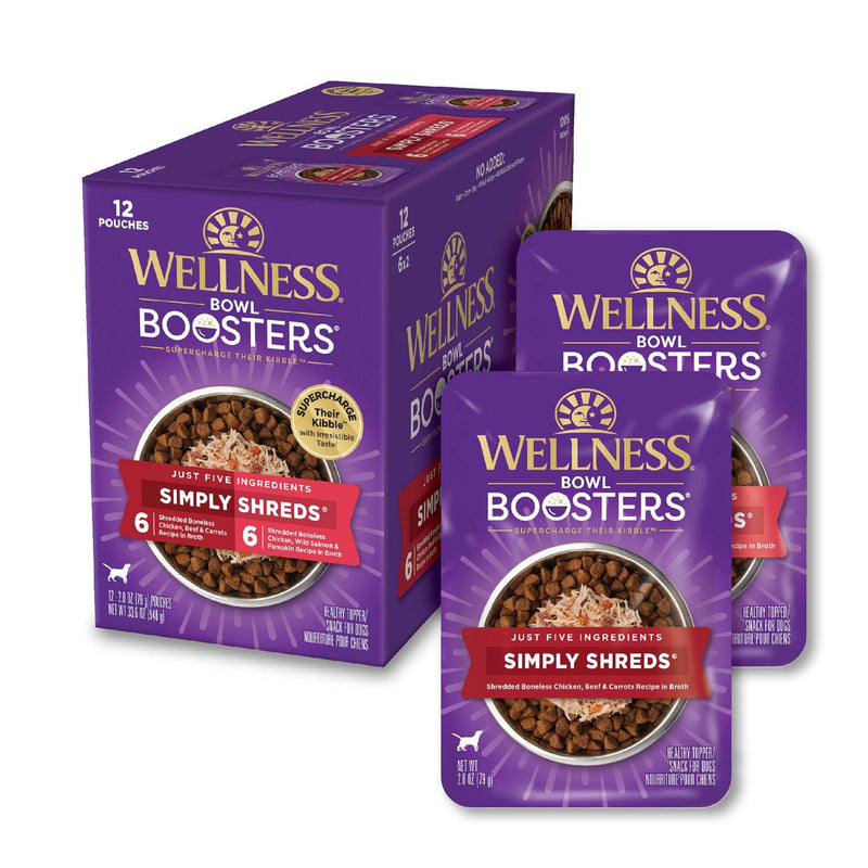 Wellness Bowl Boosters Simply Shreds Variety Pack Wet Dog Food Topper for Small, Medium, and Large Breeds, Grain Free, Natural, Chicken Recipes, 2.8 oz, Pack of 12 Pouches
