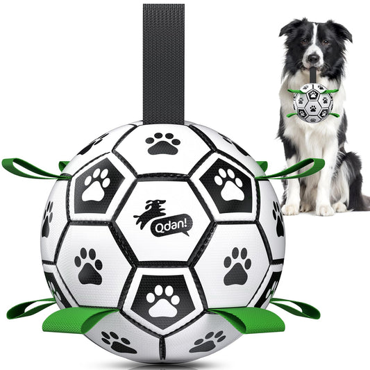 QDAN 6 Inch Dog Toys, Durable Floatable Dog Balls for Tug, Fetch, Herding and Water Play, Soft PU, World Cup Dog Soccer Ball with Straps for Small to Medium Dogs, Ideal Outdoor Play & Birthday Gift